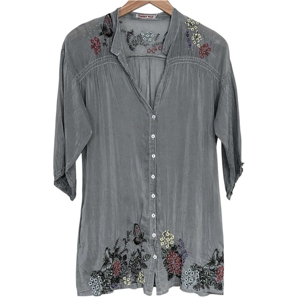 Johnny Was Gray Butterfly Embroidered Tunic
